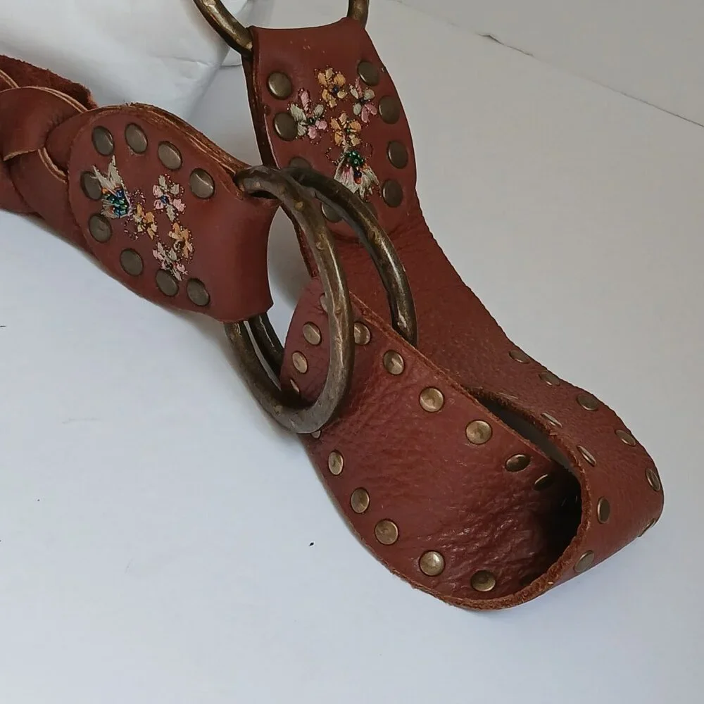 Vintage Brown  Studded Leather Embroidered Floral Beaded  Brass Ring Belt